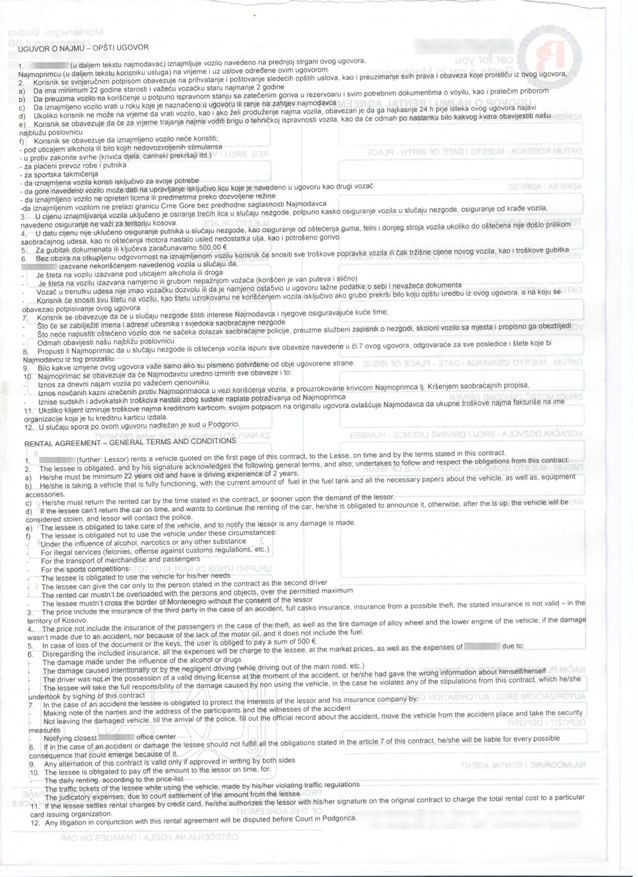 car rental agreement - second page